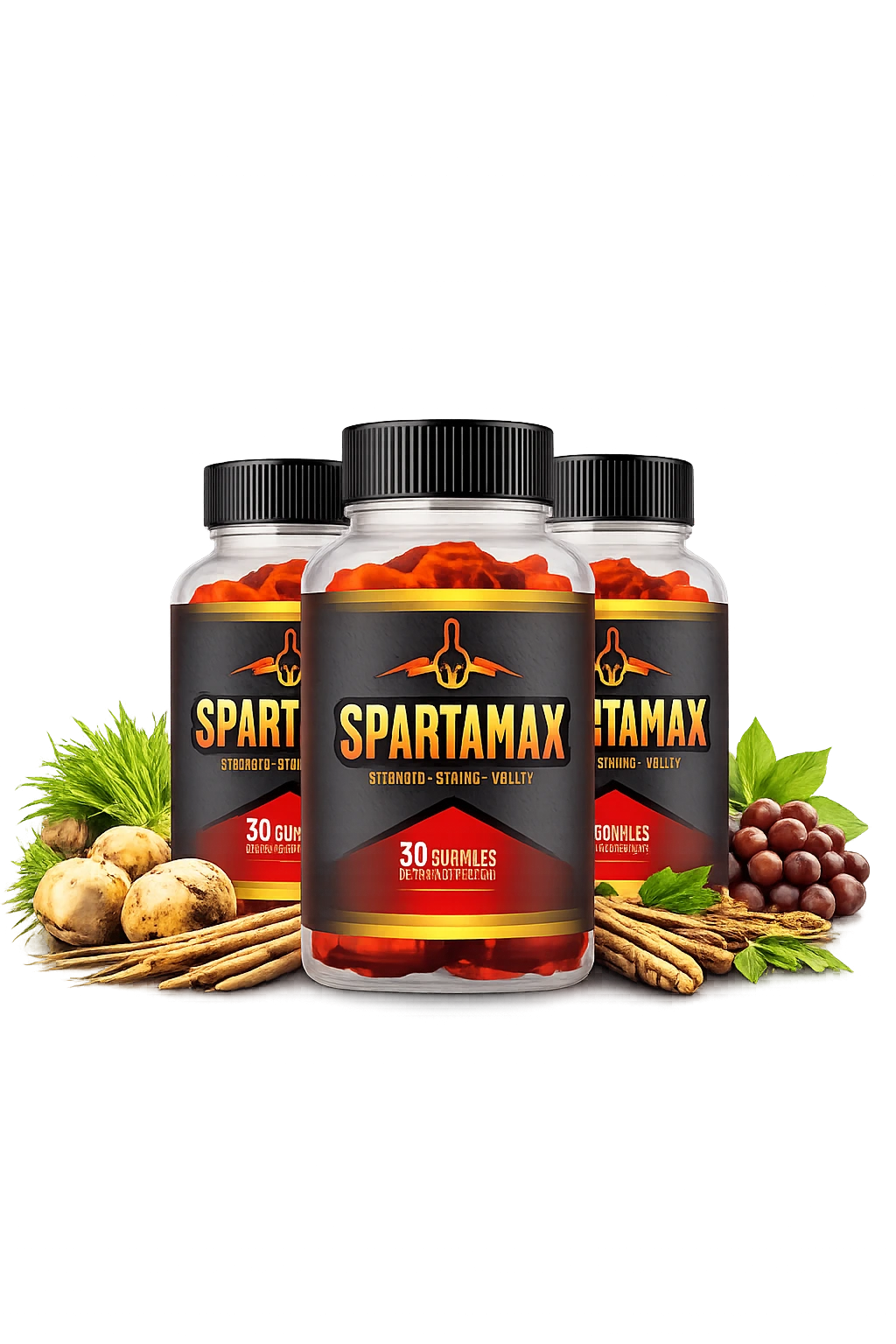 Spartamax male vitality supplement bottles with nat ural herbal ingredients